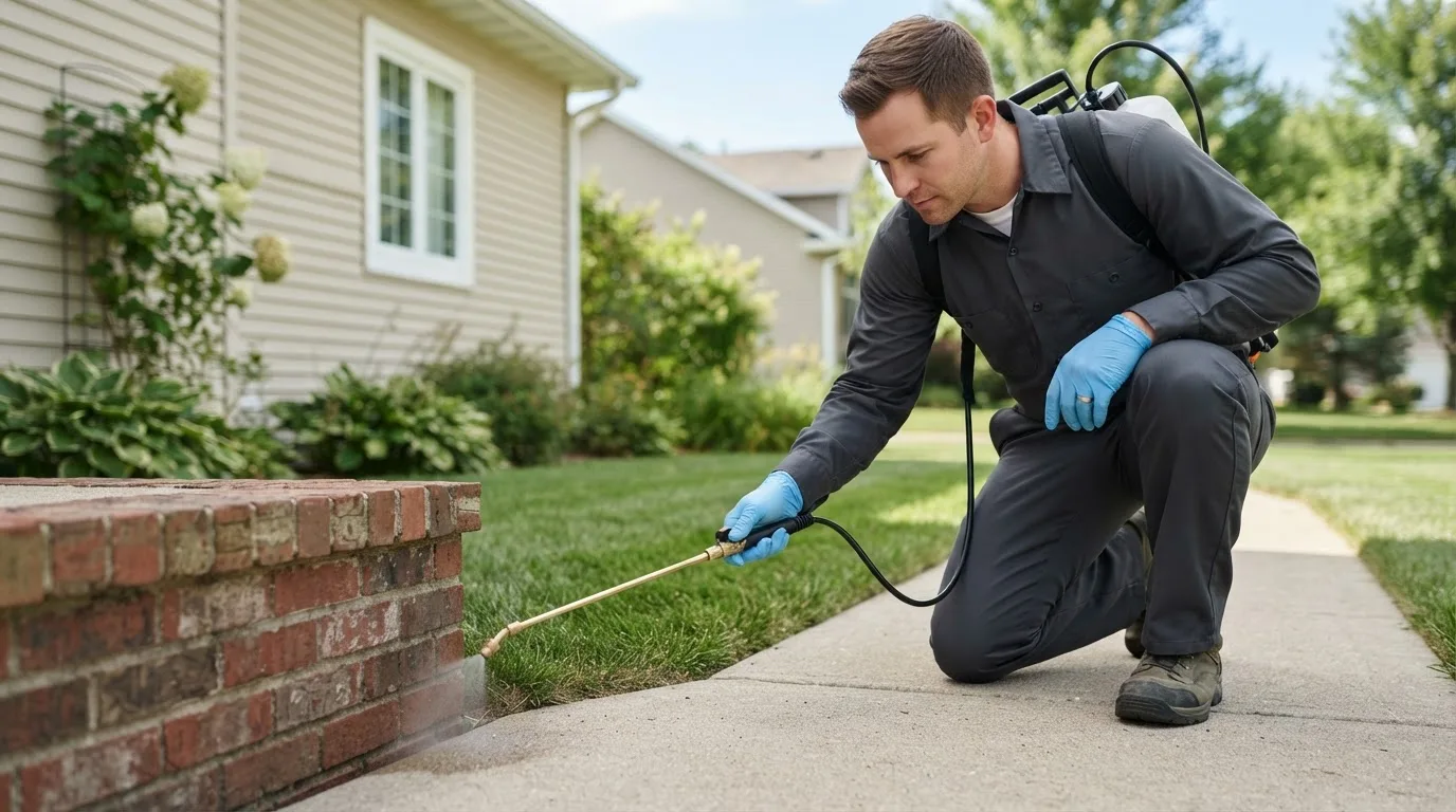 Pest control technician treating a home near Mora, NM